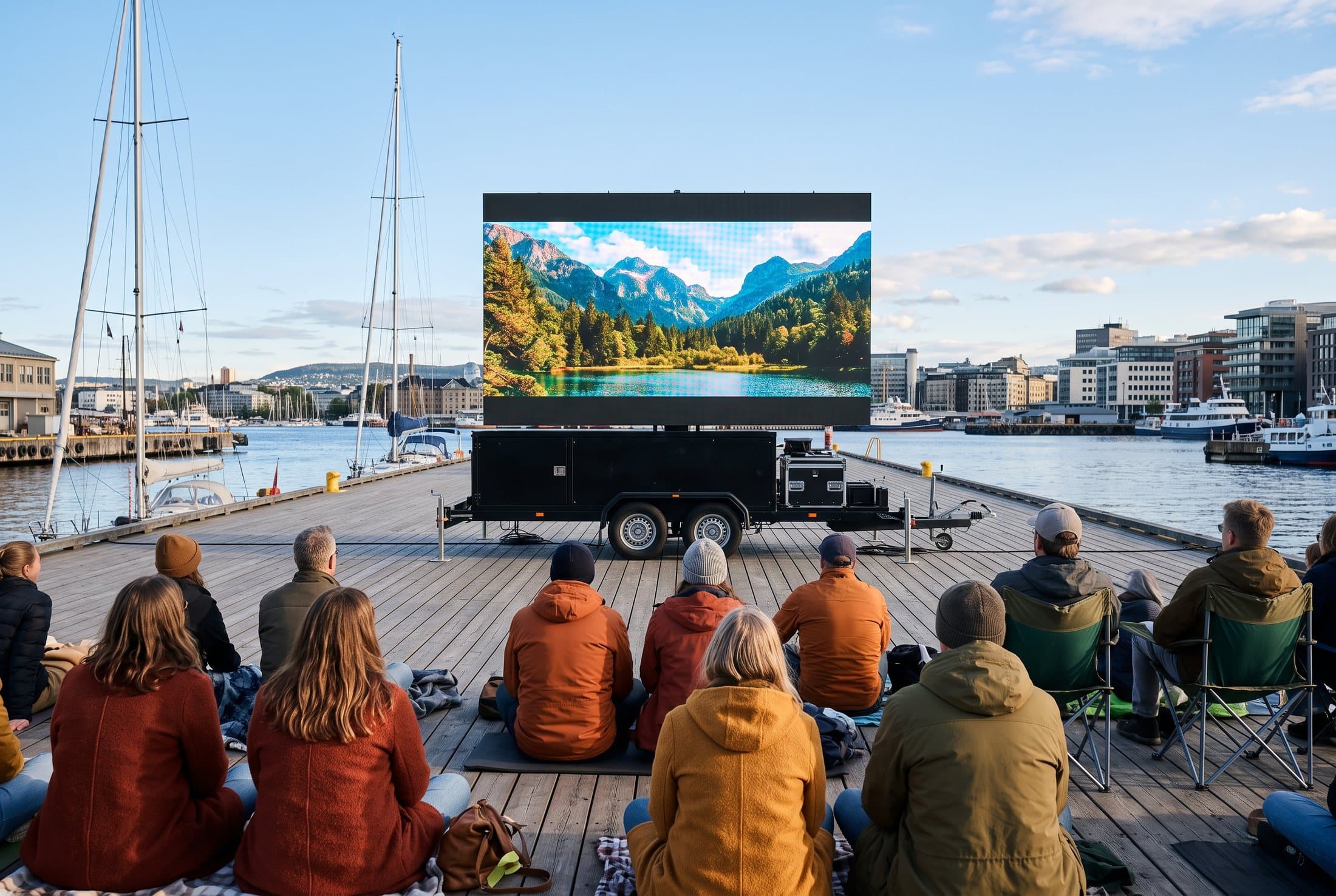Mobil LED-skjerm på henger viser film for publikum i dagslys
