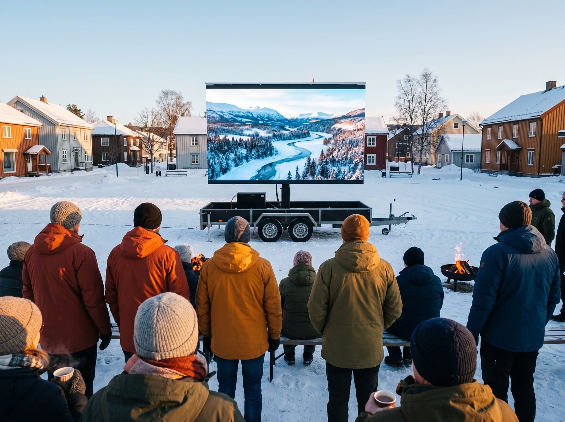 Utekino om vinteren — mobil LED-skjerm lyser på et snødekt torg