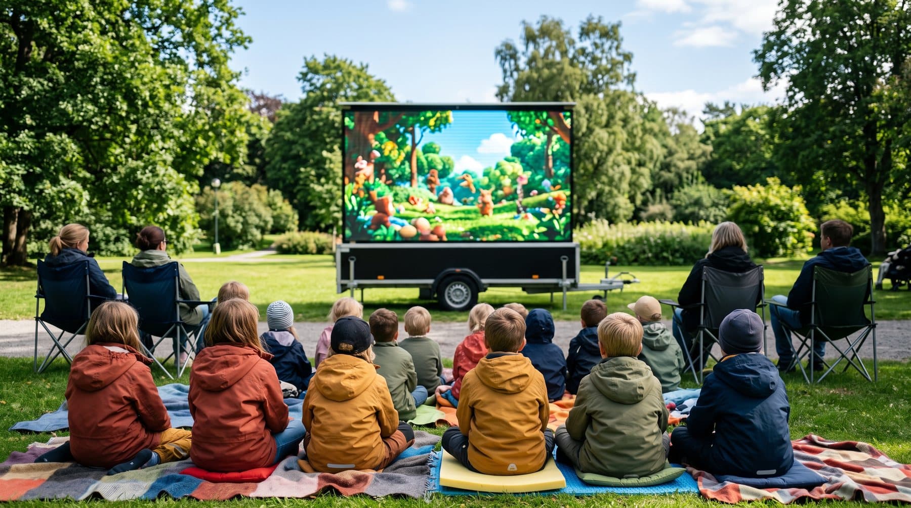 Barnevisning på utekino midt på dagen — barn sitter på pledd foran en mobil LED-skjerm i en park