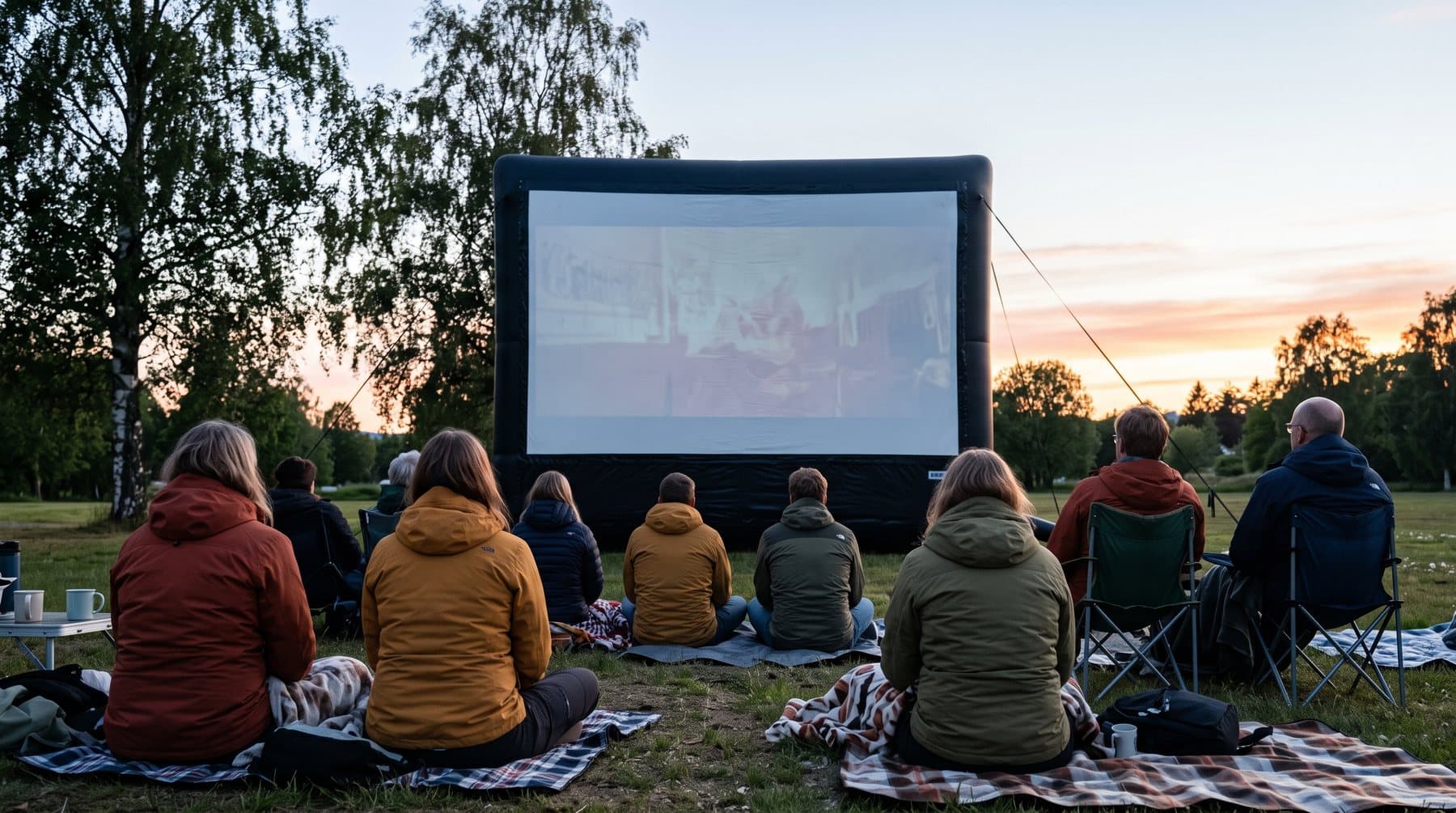 Utekino en lys norsk sommerkveld — bildet på lerretet er bleket bort mot en himmel som fortsatt er lys